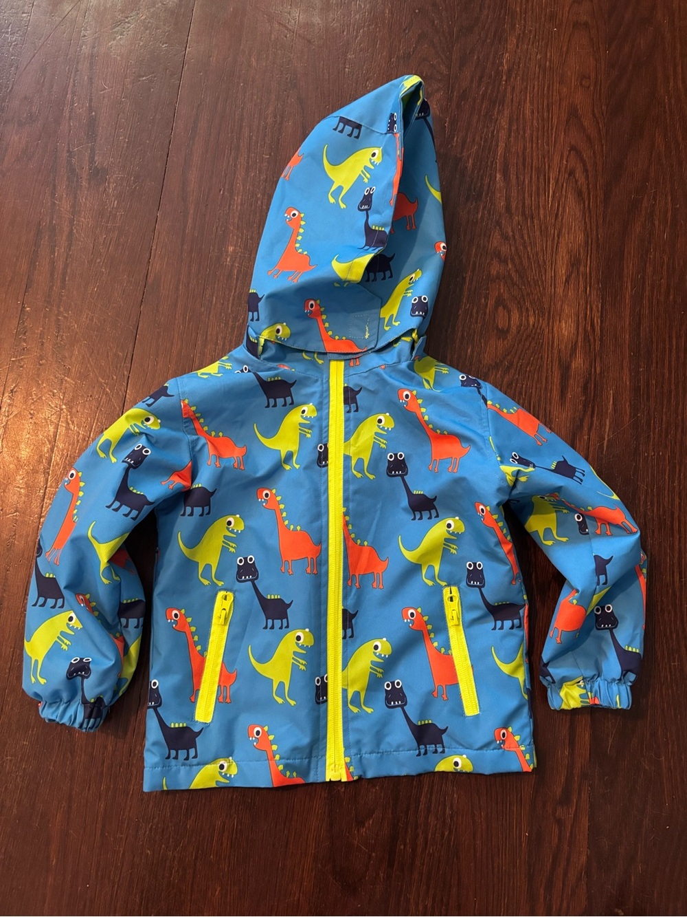 Kids Hooded Dinosaur Raincoat - Blue with Yellow Accents